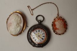 A 9ct gold mounted shell cameo of a maiden in profile together with another 9ct gold mounted shell