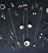Assorted silver and white metal earrings including enamel and semi precious gem set jewellery,