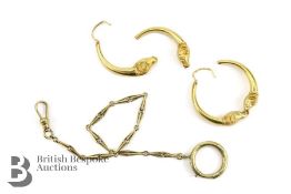 Pair of Antique 18ct Yellow Gold Earrings and Fob Chain