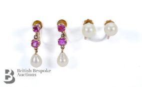 Pair of Antique 9ct Yellow Gold Ruby and Pearl Drop Earrings