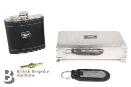 Aston Martin Cigarette Box, Drinks Flask, Tie Pin and Key Fob