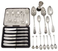 A pair of George III berried Old English pattern tablespoons and other later silver