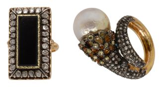 A baroque cultured pearl and diamond-set ring