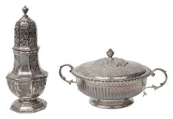 A George V silver bowl and cover and a sugar caster by Asprey