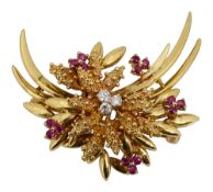 A mid 20th century diamond and ruby-set spray brooch