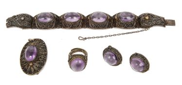 A Chinese silver filigree and cabochon amethyst demi parure of jewellery