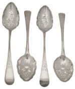 Two matched pairs George III silver later berried tablespoons