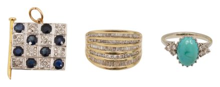 A sapphire and diamond chequer board flag pendant