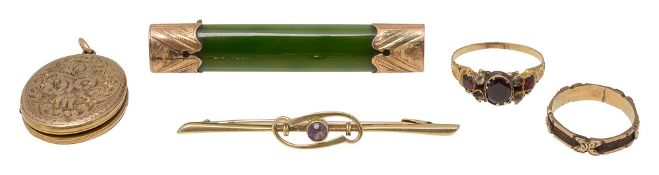 A garnet ring, with a brooch, locket, tie pin and a ring