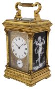 A late 19th century French ormolu and Limoges enamel panelled carriage clock