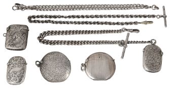 Five Victorian and later silver vesta cases and three silver Albert watch chains