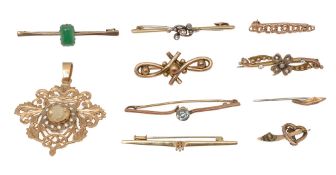 A citrine pendant and a group of 9ct gold and assorted bar brooches