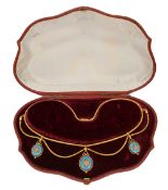 A mid Victorian yellow gold, enamel and diamond-set festoon necklace