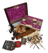 A Victorian parquetry banded burr walnut work box and contents