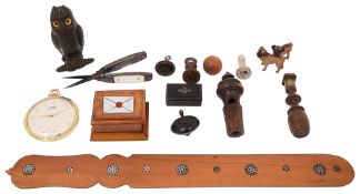 Victorian novelty bronze owl vesta, pug group and other items