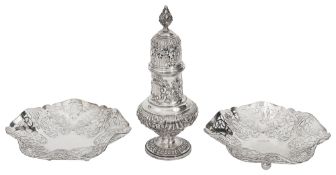 A silver sugar caster and a pair of modern bonbon dishes