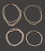 Five cultured pearl necklaces: