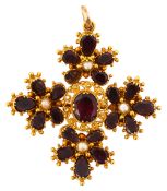 A garnet, seed pearl and yellow gold brooch/pendant,