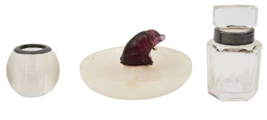 A frosted glass and alabaster figural pin dish, a match striker etc