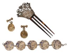A continental Art Nouveau silver and enamel bracelet and other items