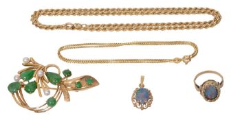 A cultured pearl and green hardstone spray brooch and other jewellery