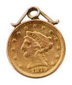 An American 2 1/2 dollar, 1879 gold coin pendant