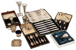 Silver sets of coffee spoons, a cruet set and other items