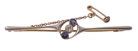 A sapphire and diamond three stone bar brooch,