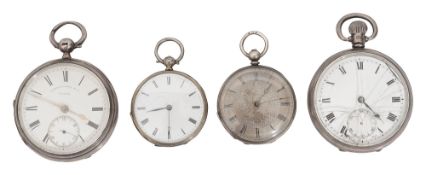 Four open faced silver pocket watches