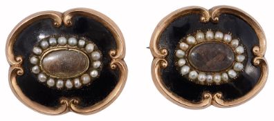Two Victorian yellow metal enamel and seed pearl mourning brooches