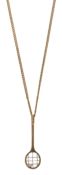 A 9ct gold and diamond tennis racket charm on a 9ct yellow gold chain