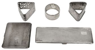 A George V Art Deco silver engine cigarette case, other silver