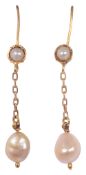 A pair of cultured pearl ear pendants