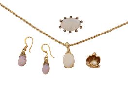 An opal and rose-cut diamond-set brooch with other items