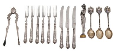 A figural silvered bronze desk seal c.1900 and other silver