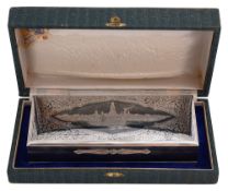A silver and niello table cigarette box in a fitted case