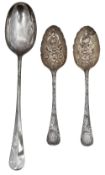An Elizabeth II Rattail pattern bowl and a pair of berry spoons