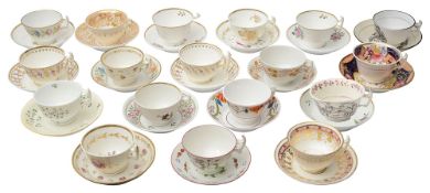 A collection of early 19th century tea cups and saucers, (18)