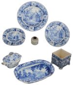 19th century blue and white transfer decorated china and glass