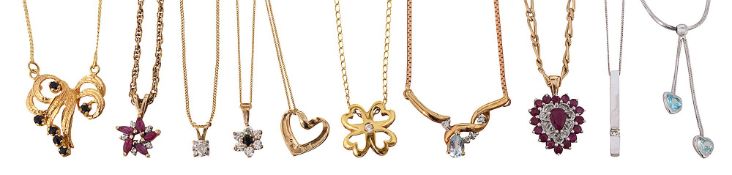 A collection of ten gem-set pendants on chains,