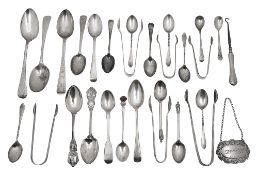 Assorted silver spoons and sugars tongs and other silver