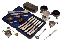 A pair of George II silver cauldron salts and other silver