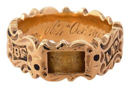 A mid Victorian 18ct yellow gold and enamel memorial ring