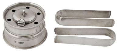 A late Victorian silver capstan inkwell and two money / document clips