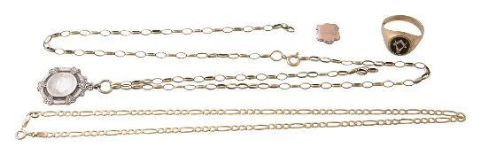 A gentleman's 9ct gold and enamel Masonic swivel signet ring and chains