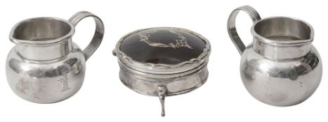 A pair of Edwardian silver cream jugs + silver and tortoiseshell trinket box
