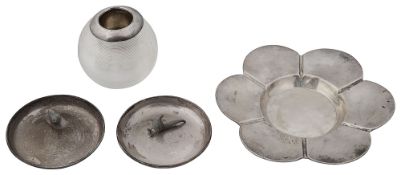 A pair of Edwardian silver pin dishes, a dish and a match striker