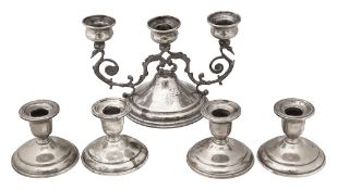 A Colombian .900 silver candelabrum, four Canadian dwarf candlesticks (5)