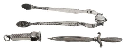 A pair of George III silver sprung feather edge sugar tongs and other items