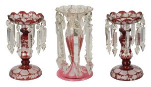 A pair of Bohemian flash-cut ruby table lustres, and another